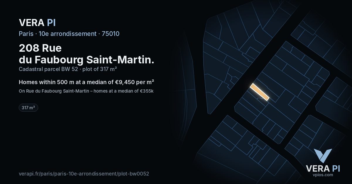 208 Rue du Faubourg Saint-Martin, 10e arrondissement at night – the plot lit, the parcels around coloured by the prices near them