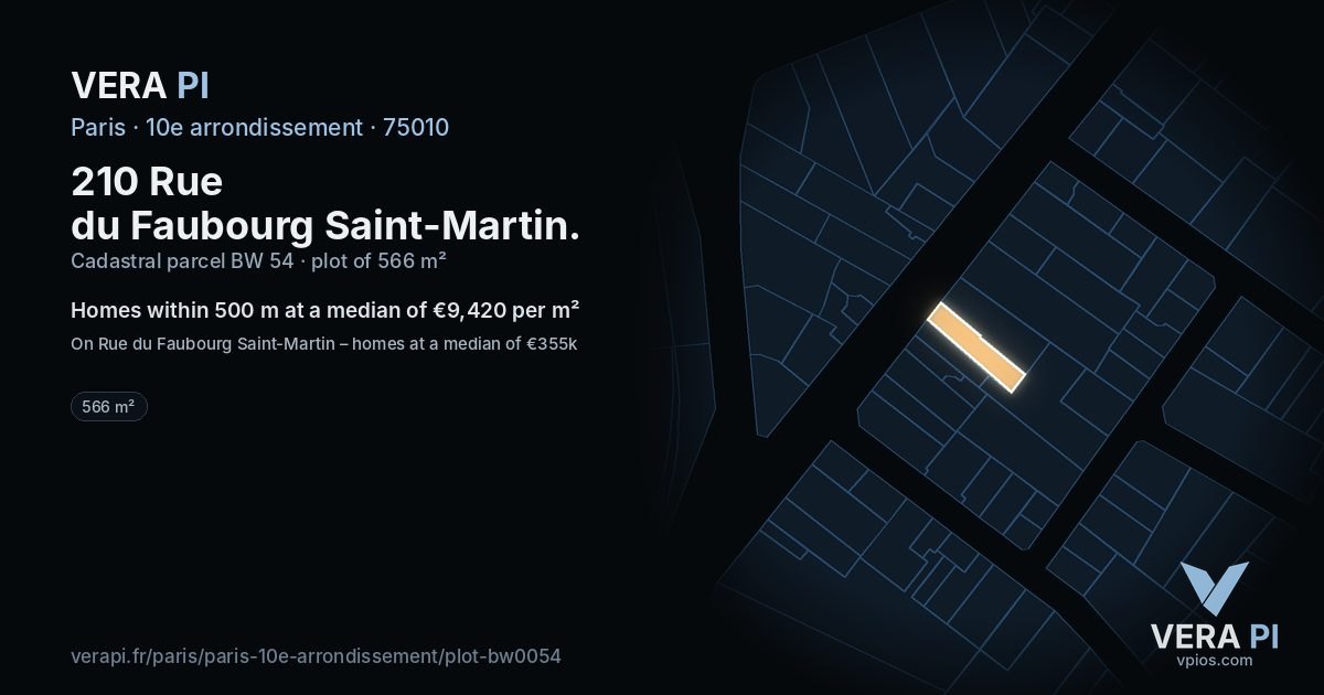 210 Rue du Faubourg Saint-Martin, 10e arrondissement at night – the plot lit, the parcels around coloured by the prices near them
