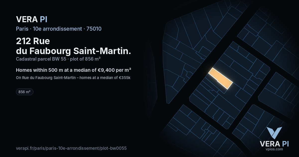 212 Rue du Faubourg Saint-Martin, 10e arrondissement at night – the plot lit, the parcels around coloured by the prices near them
