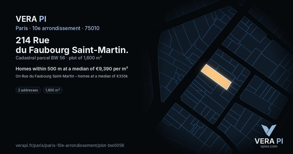 214 Rue du Faubourg Saint-Martin, 10e arrondissement at night – the plot lit, the parcels around coloured by the prices near them