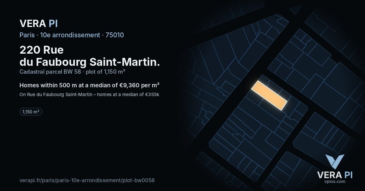 220 Rue du Faubourg Saint-Martin, 10e arrondissement at night – the plot lit, the parcels around coloured by the prices near them