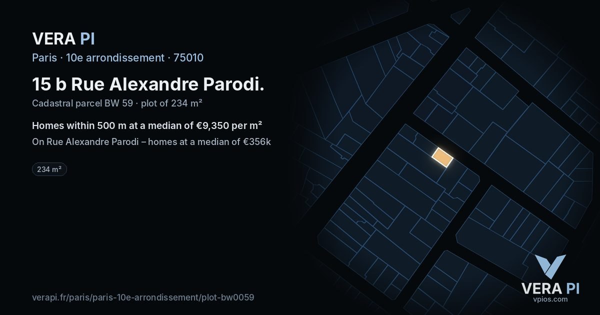 15 b Rue Alexandre Parodi, 10e arrondissement at night – the plot lit, the parcels around coloured by the prices near them