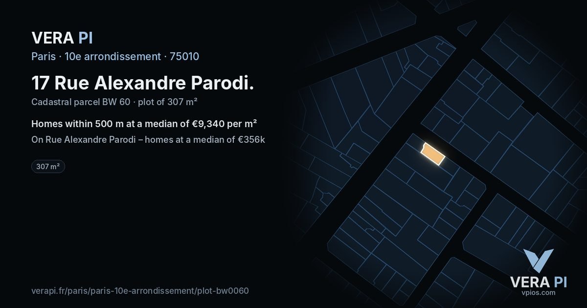 17 Rue Alexandre Parodi, 10e arrondissement at night – the plot lit, the parcels around coloured by the prices near them