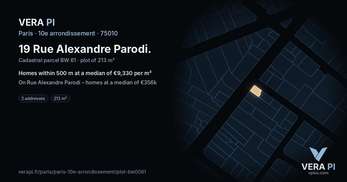 19 Rue Alexandre Parodi, 10e arrondissement at night – the plot lit, the parcels around coloured by the prices near them