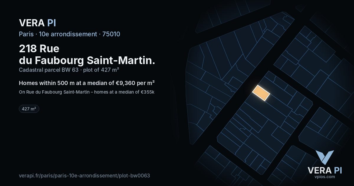 218 Rue du Faubourg Saint-Martin, 10e arrondissement at night – the plot lit, the parcels around coloured by the prices near them