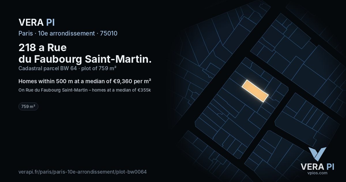 218 a Rue du Faubourg Saint-Martin, 10e arrondissement at night – the plot lit, the parcels around coloured by the prices near them