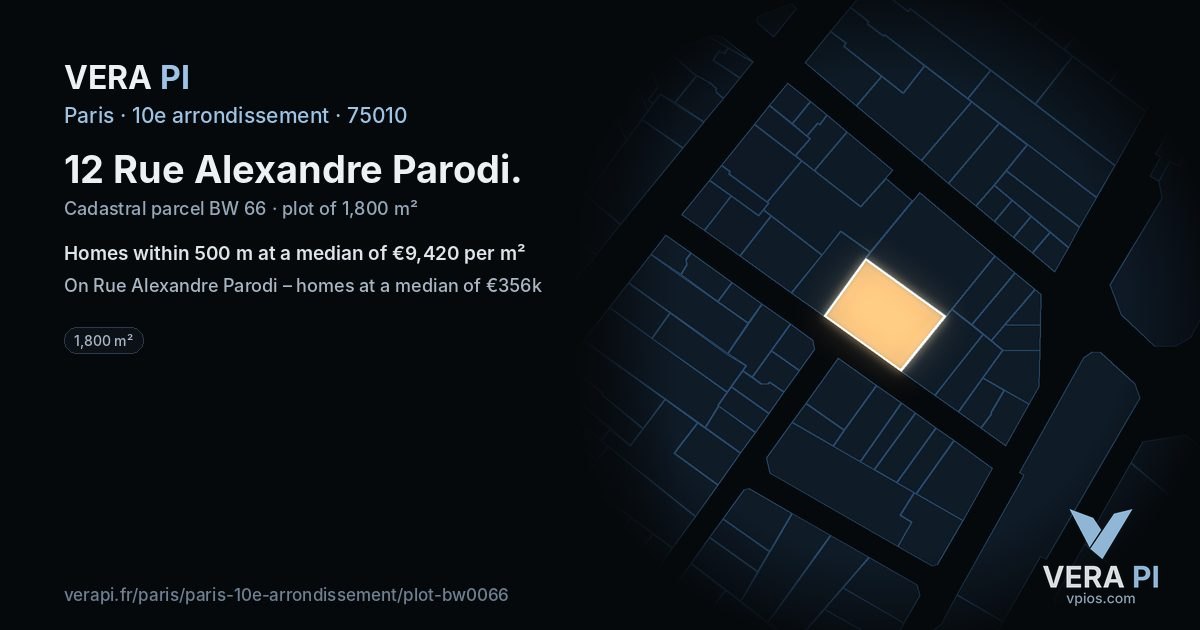 12 Rue Alexandre Parodi, 10e arrondissement at night – the plot lit, the parcels around coloured by the prices near them