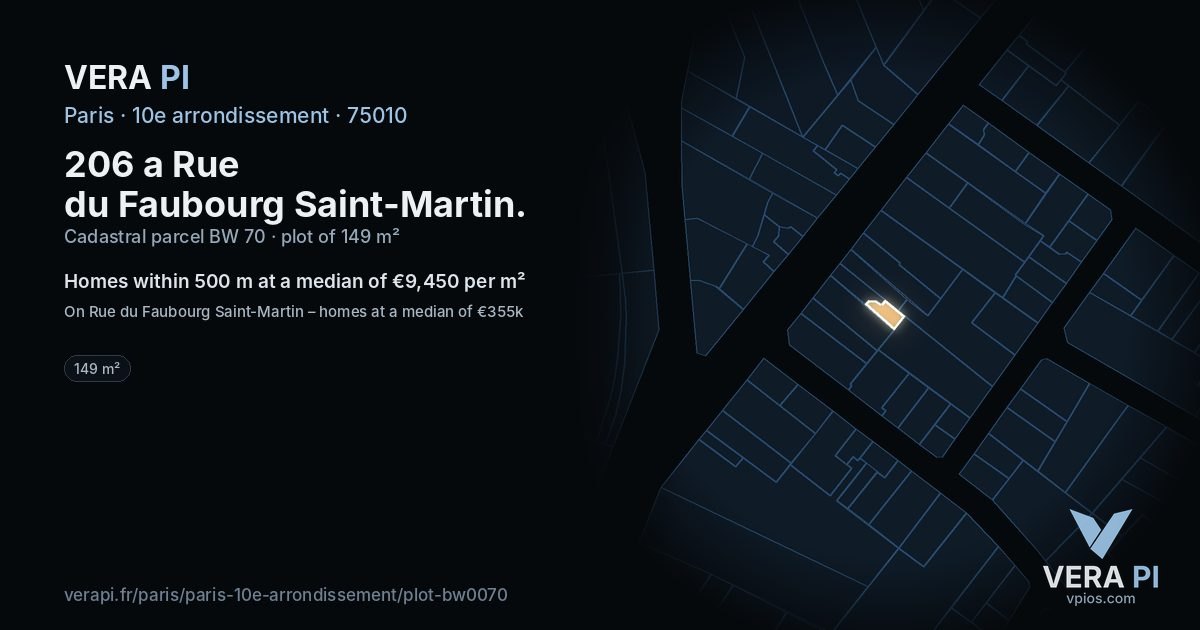 206 a Rue du Faubourg Saint-Martin, 10e arrondissement at night – the plot lit, the parcels around coloured by the prices near them