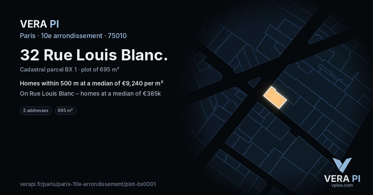 32 Rue Louis Blanc, 10e arrondissement at night – the plot lit, the parcels around coloured by the prices near them