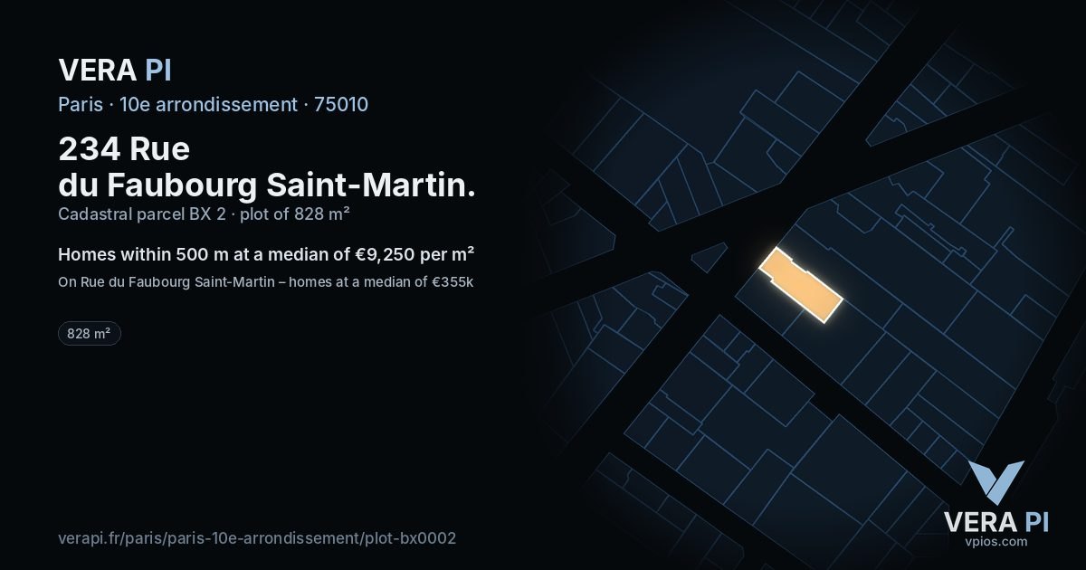 234 Rue du Faubourg Saint-Martin, 10e arrondissement at night – the plot lit, the parcels around coloured by the prices near them