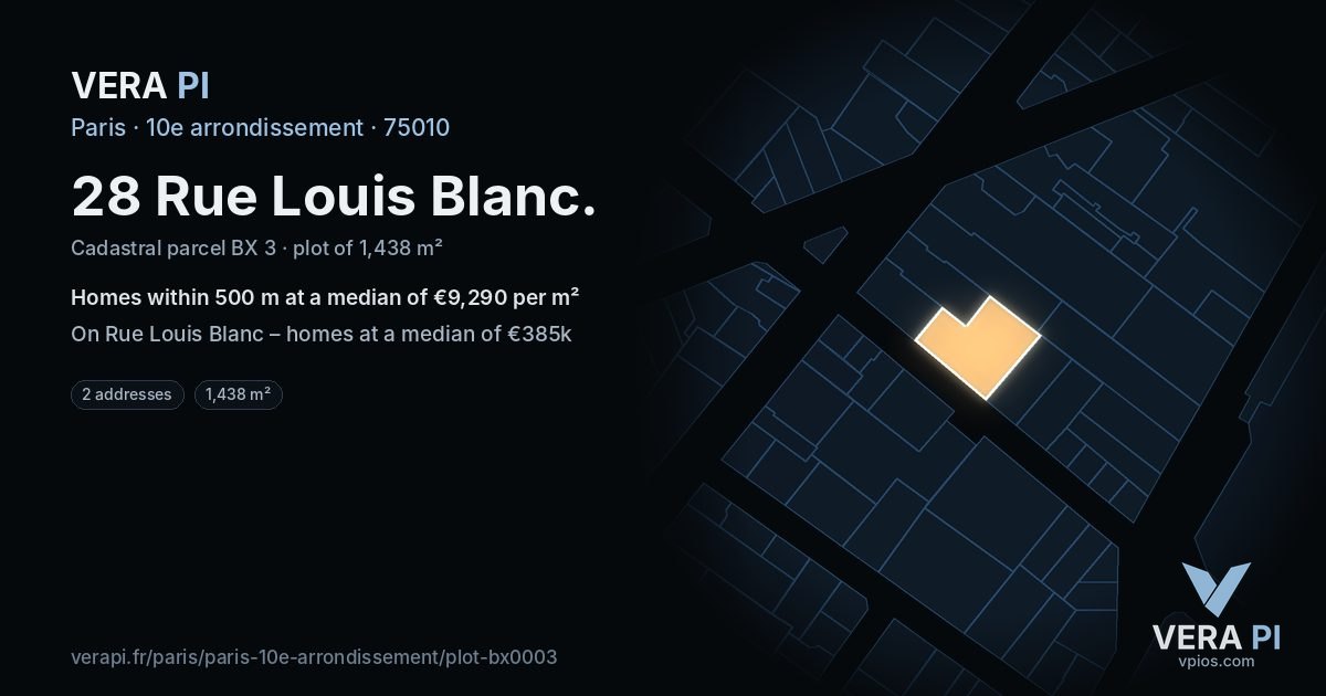 28 Rue Louis Blanc, 10e arrondissement at night – the plot lit, the parcels around coloured by the prices near them