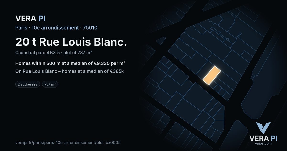 20 t Rue Louis Blanc, 10e arrondissement at night – the plot lit, the parcels around coloured by the prices near them