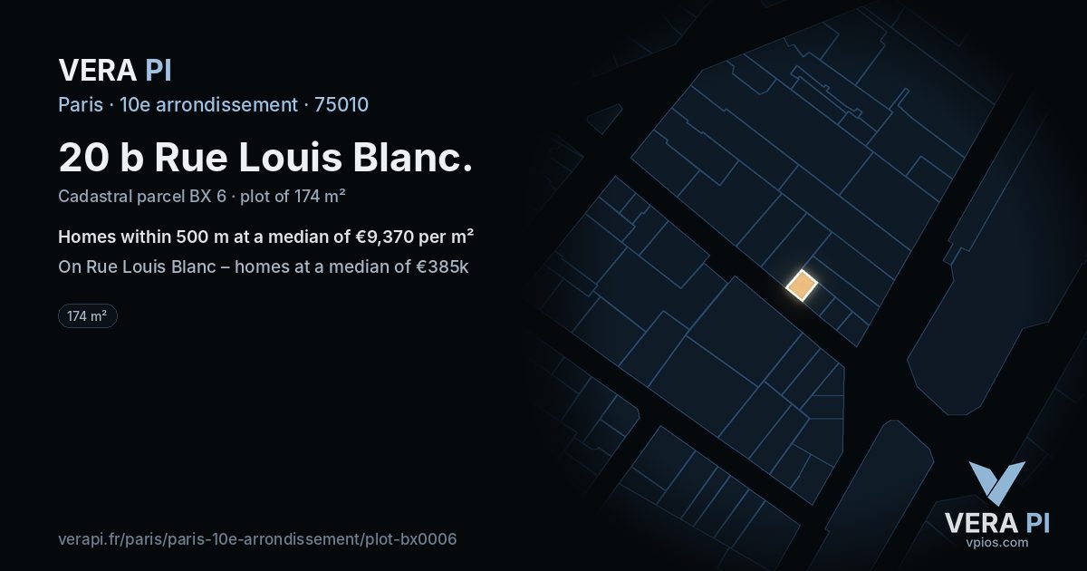 20 b Rue Louis Blanc, 10e arrondissement at night – the plot lit, the parcels around coloured by the prices near them