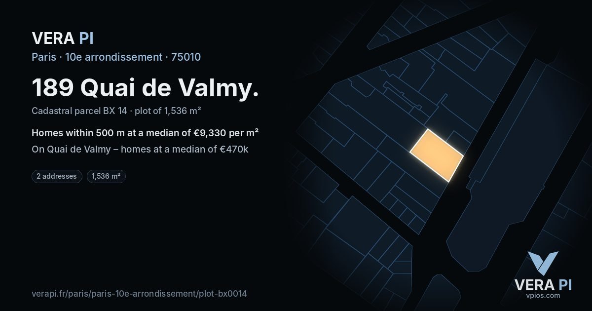 189 Quai de Valmy, 10e arrondissement at night – the plot lit, the parcels around coloured by the prices near them