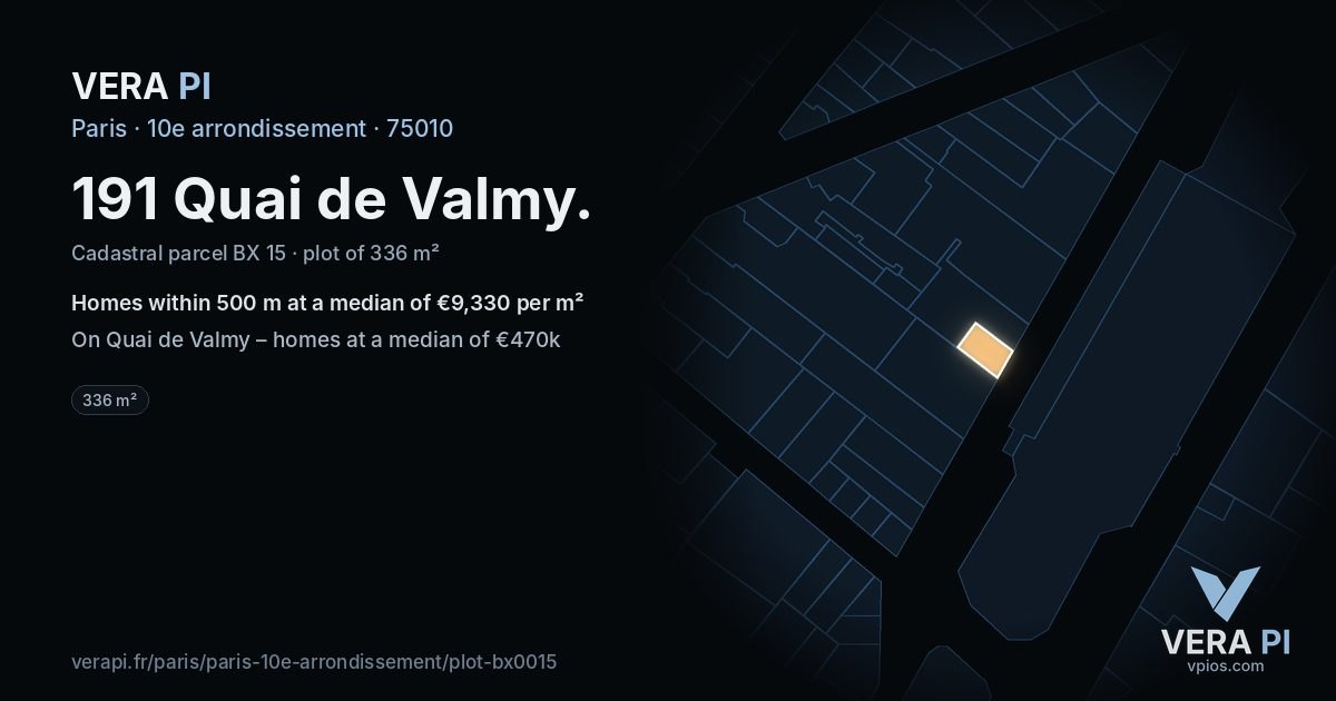 191 Quai de Valmy, 10e arrondissement at night – the plot lit, the parcels around coloured by the prices near them