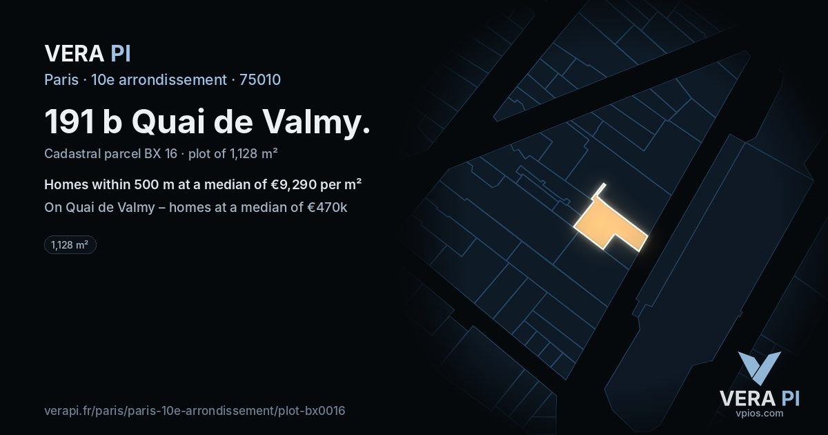 191 b Quai de Valmy, 10e arrondissement at night – the plot lit, the parcels around coloured by the prices near them