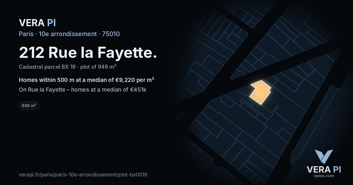 212 Rue la Fayette, 10e arrondissement at night – the plot lit, the parcels around coloured by the prices near them