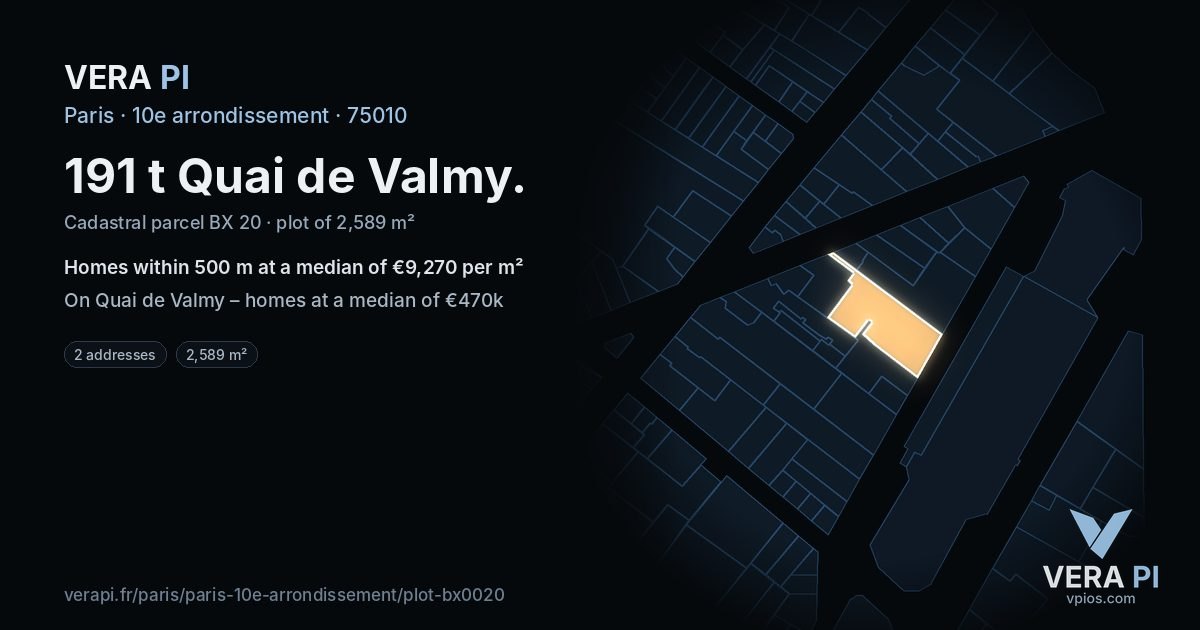 191 t Quai de Valmy, 10e arrondissement at night – the plot lit, the parcels around coloured by the prices near them