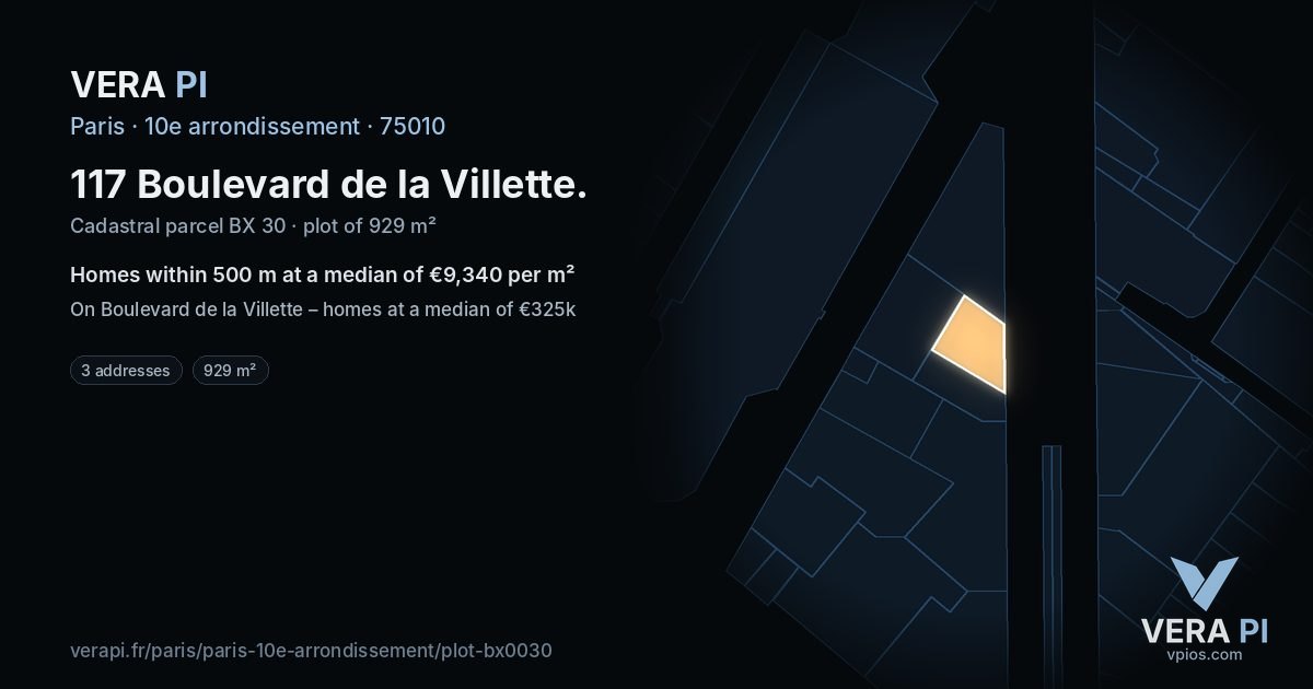 117 Boulevard de la Villette, 10e arrondissement at night – the plot lit, the parcels around coloured by the prices near them