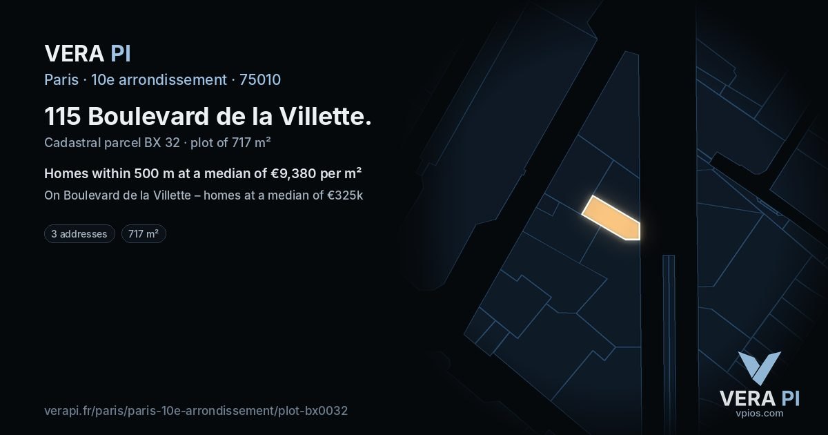115 Boulevard de la Villette, 10e arrondissement at night – the plot lit, the parcels around coloured by the prices near them