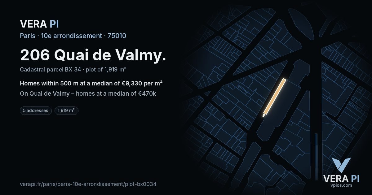 206 Quai de Valmy, 10e arrondissement at night – the plot lit, the parcels around coloured by the prices near them