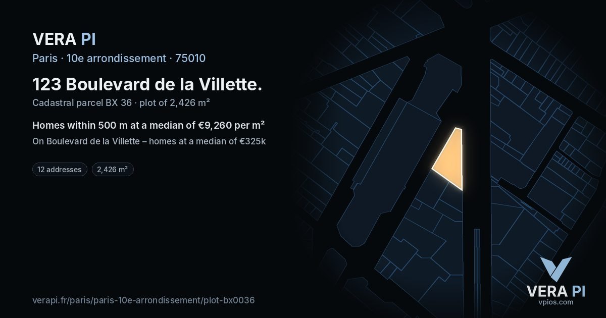 123 Boulevard de la Villette, 10e arrondissement at night – the plot lit, the parcels around coloured by the prices near them