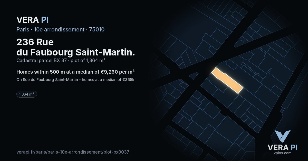 236 Rue du Faubourg Saint-Martin, 10e arrondissement at night – the plot lit, the parcels around coloured by the prices near them