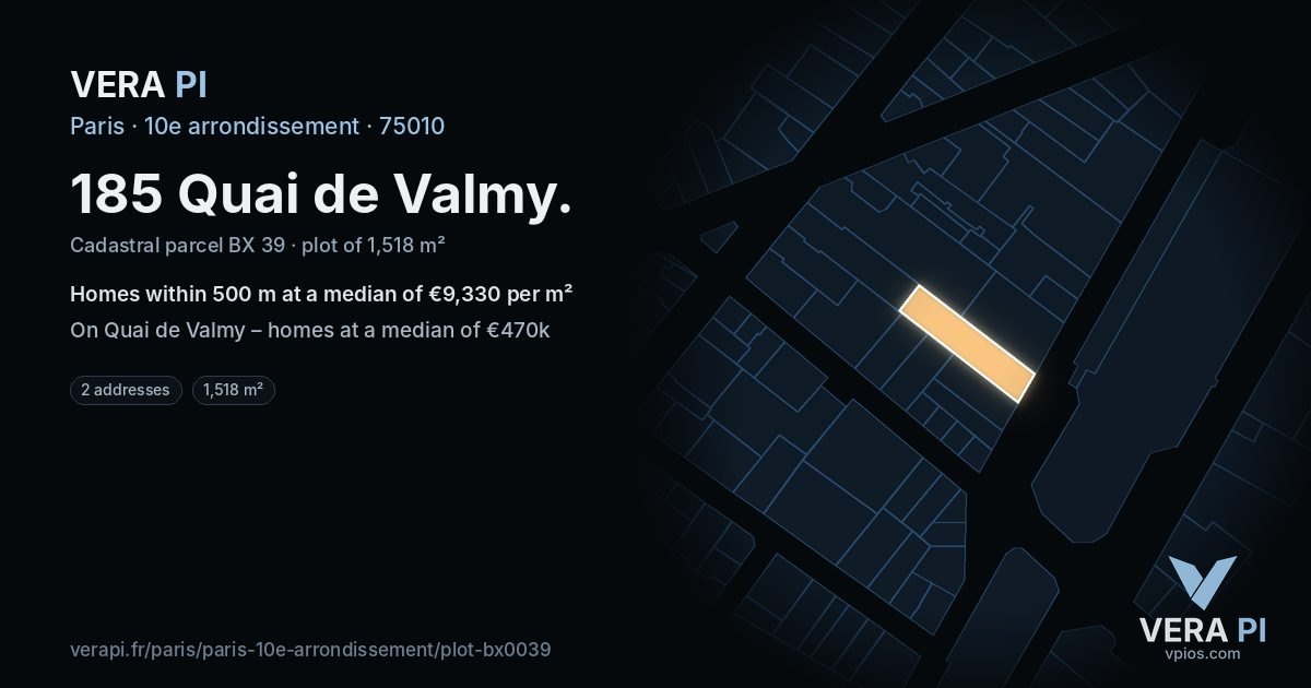 185 Quai de Valmy, 10e arrondissement at night – the plot lit, the parcels around coloured by the prices near them