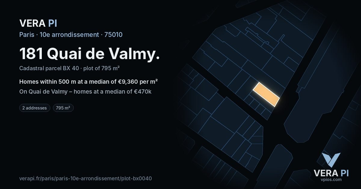 181 Quai de Valmy, 10e arrondissement at night – the plot lit, the parcels around coloured by the prices near them