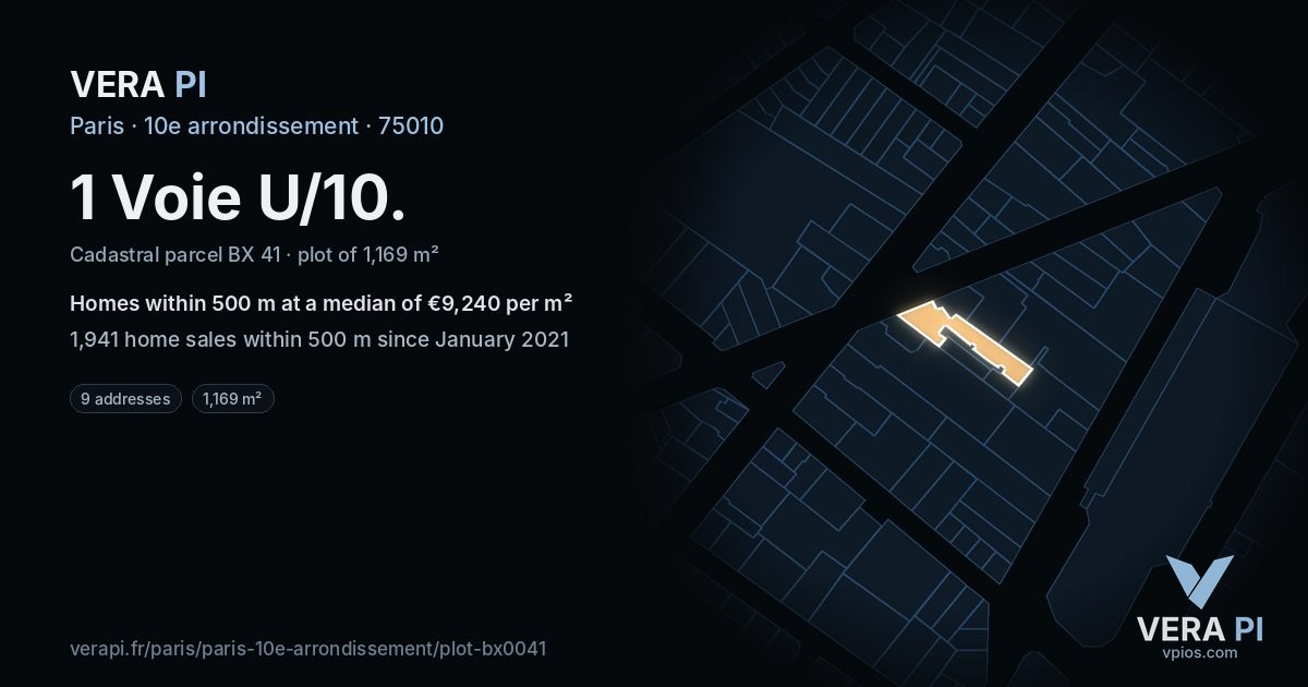 1 Voie U/10, 10e arrondissement at night – the plot lit, the parcels around coloured by the prices near them