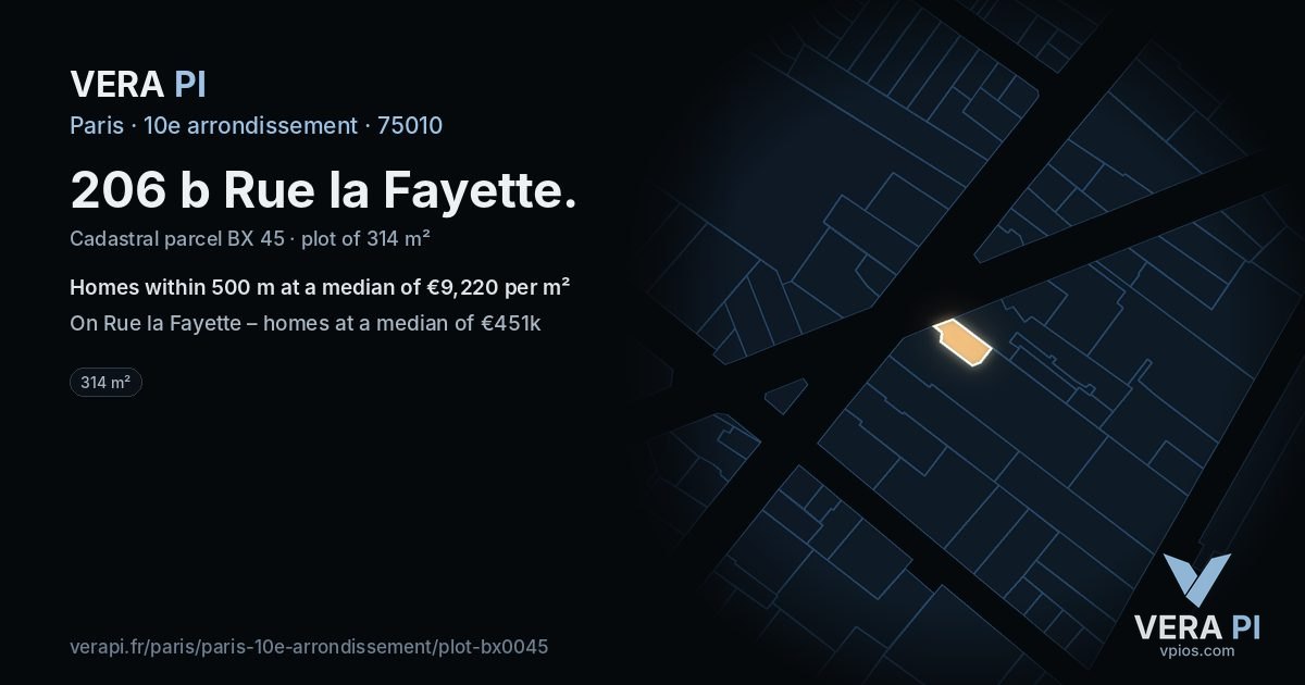 206 b Rue la Fayette, 10e arrondissement at night – the plot lit, the parcels around coloured by the prices near them