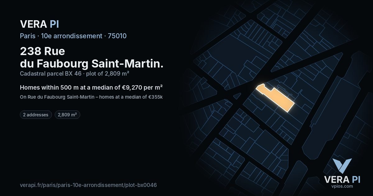 238 Rue du Faubourg Saint-Martin, 10e arrondissement at night – the plot lit, the parcels around coloured by the prices near them