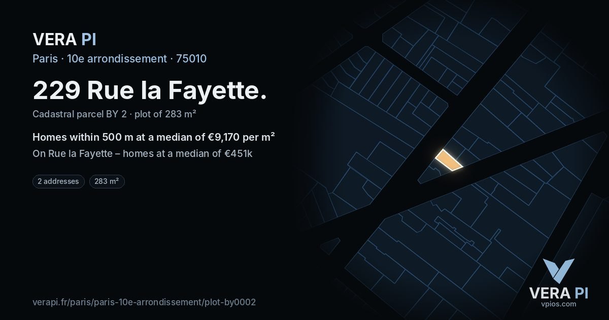 229 Rue la Fayette, 10e arrondissement at night – the plot lit, the parcels around coloured by the prices near them