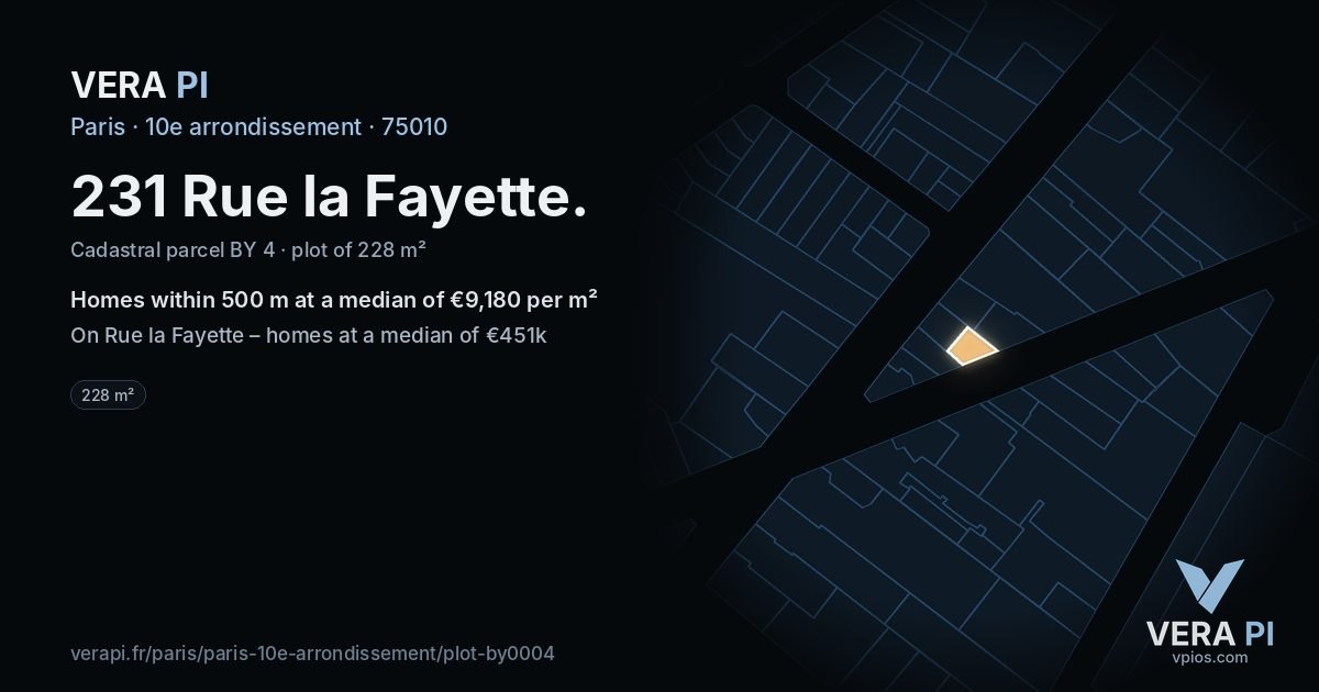 231 Rue la Fayette, 10e arrondissement at night – the plot lit, the parcels around coloured by the prices near them
