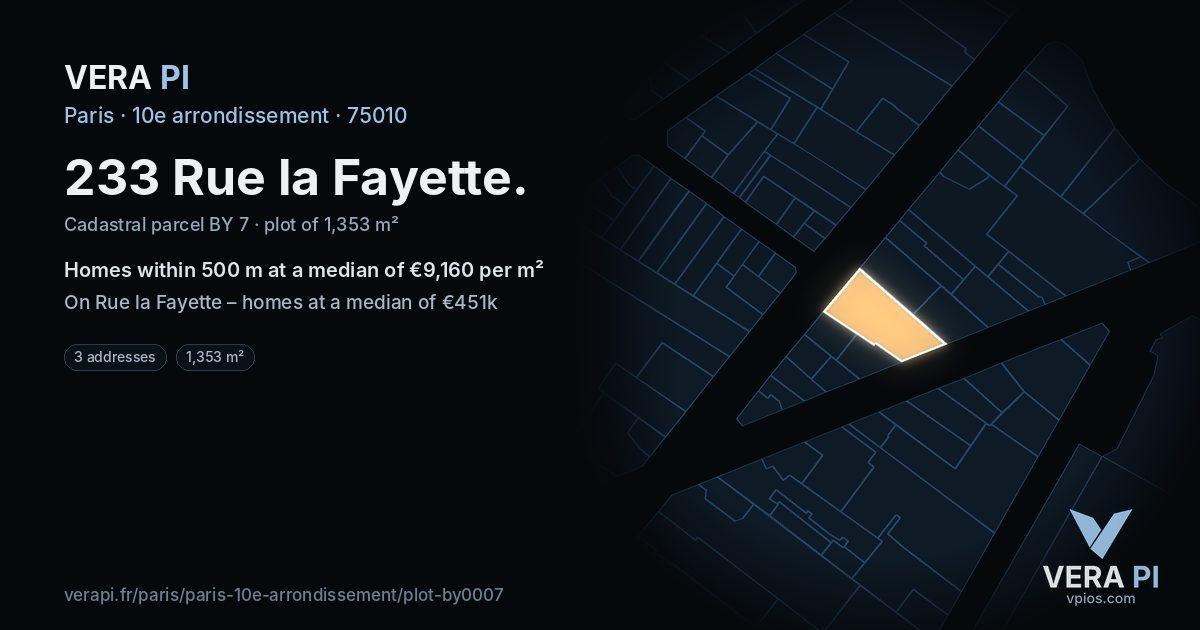 233 Rue la Fayette, 10e arrondissement at night – the plot lit, the parcels around coloured by the prices near them
