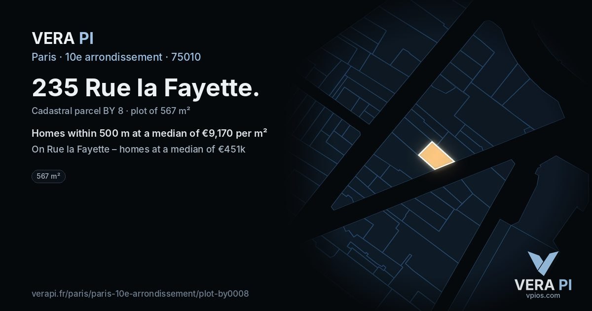 235 Rue la Fayette, 10e arrondissement at night – the plot lit, the parcels around coloured by the prices near them