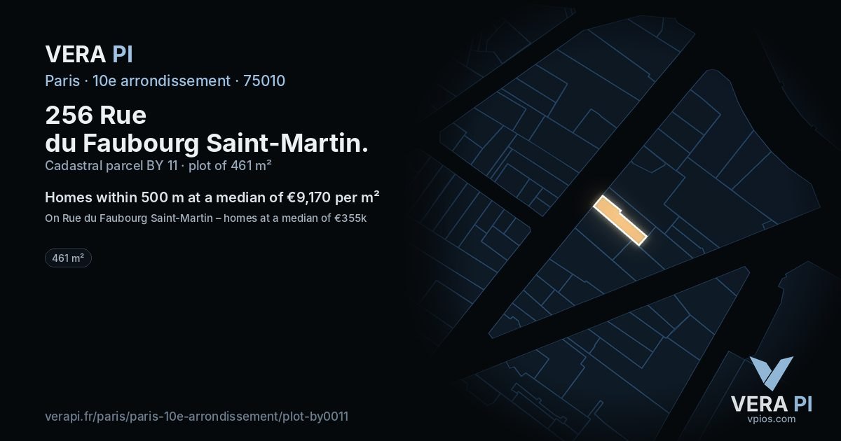 256 Rue du Faubourg Saint-Martin, 10e arrondissement at night – the plot lit, the parcels around coloured by the prices near them