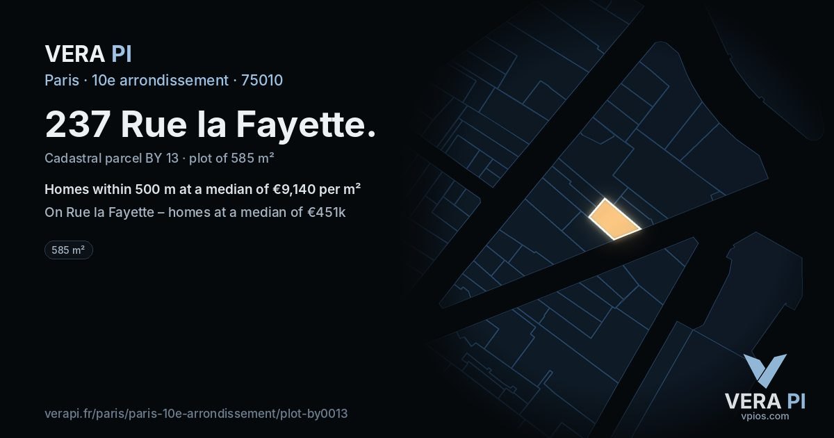 237 Rue la Fayette, 10e arrondissement at night – the plot lit, the parcels around coloured by the prices near them