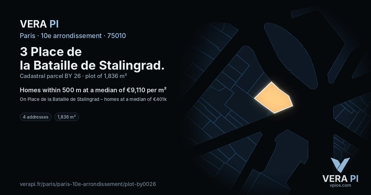 3 Place de la Bataille de Stalingrad, 10e arrondissement at night – the plot lit, the parcels around coloured by the prices near them