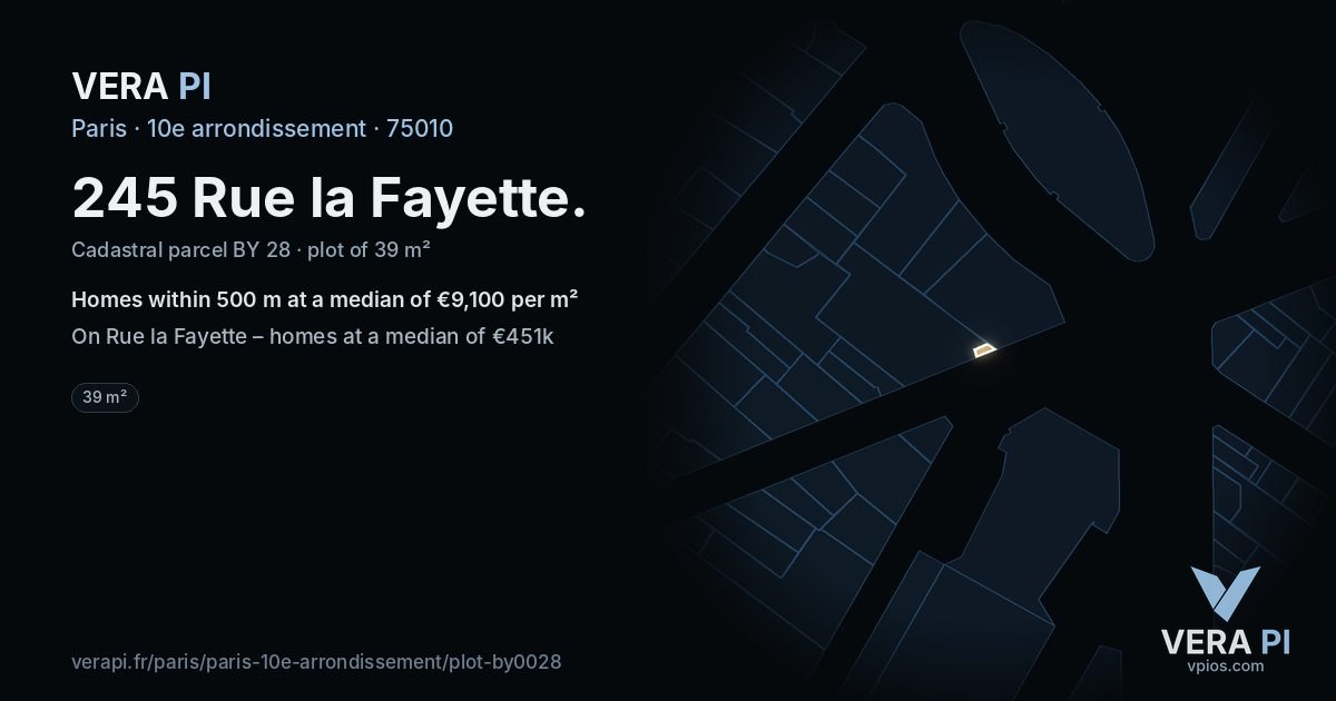 245 Rue la Fayette, 10e arrondissement at night – the plot lit, the parcels around coloured by the prices near them