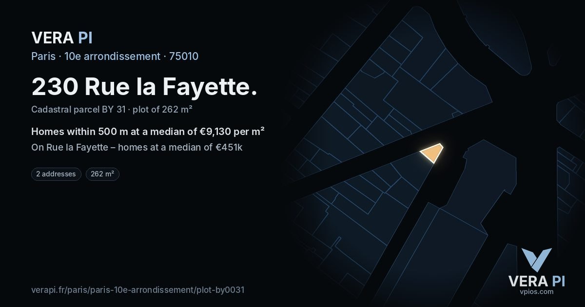 230 Rue la Fayette, 10e arrondissement at night – the plot lit, the parcels around coloured by the prices near them