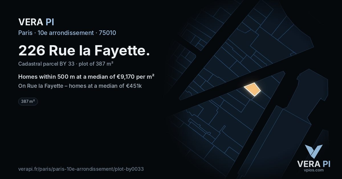 226 Rue la Fayette, 10e arrondissement at night – the plot lit, the parcels around coloured by the prices near them