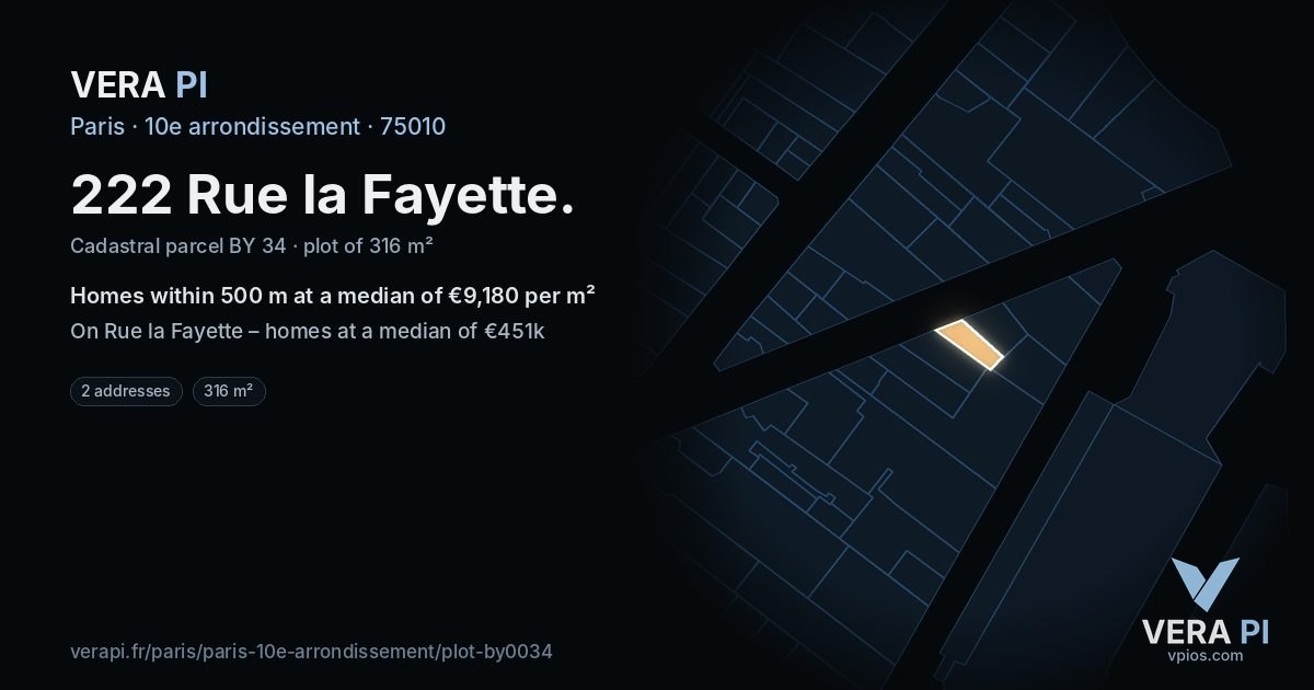222 Rue la Fayette, 10e arrondissement at night – the plot lit, the parcels around coloured by the prices near them
