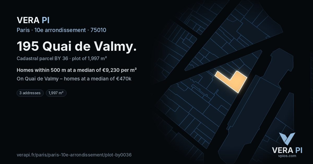 195 Quai de Valmy, 10e arrondissement at night – the plot lit, the parcels around coloured by the prices near them