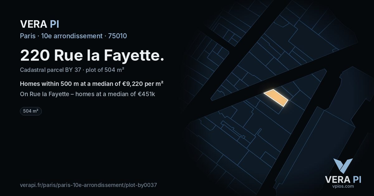 220 Rue la Fayette, 10e arrondissement at night – the plot lit, the parcels around coloured by the prices near them