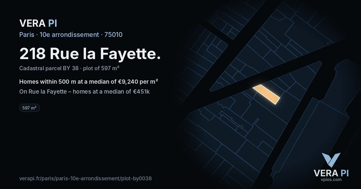 218 Rue la Fayette, 10e arrondissement at night – the plot lit, the parcels around coloured by the prices near them