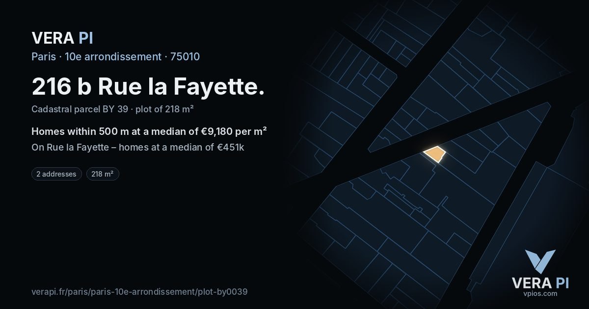 216 b Rue la Fayette, 10e arrondissement at night – the plot lit, the parcels around coloured by the prices near them