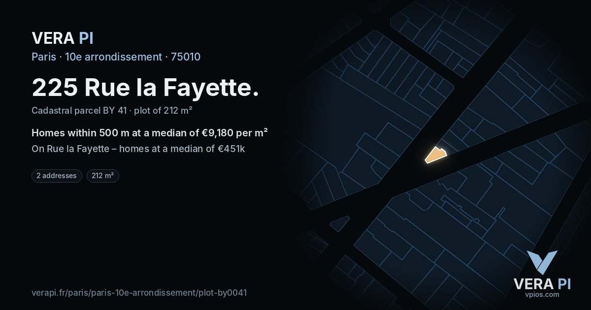 225 Rue la Fayette, 10e arrondissement at night – the plot lit, the parcels around coloured by the prices near them