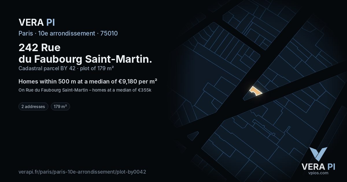 242 Rue du Faubourg Saint-Martin, 10e arrondissement at night – the plot lit, the parcels around coloured by the prices near them