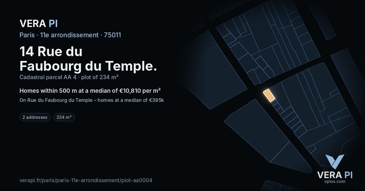14 Rue du Faubourg du Temple, 11e arrondissement at night – the plot lit, the parcels around coloured by the prices near them